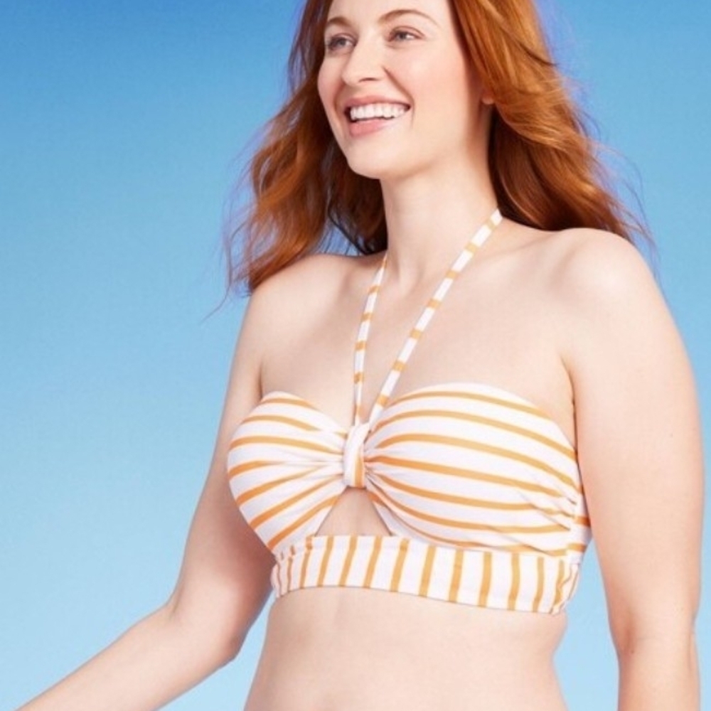 Shade & Shore Bikini Top Women's 38DD Orange White Stripe Tunneled Front Keyhole